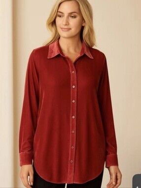 SOFT SURROUNDINGS Velvet Button Down Boyfriend Tunic Shirt  Red Holiday Sz XS